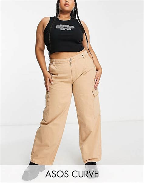 Asos Design Curve Oversized Cargo Pants In Stone Asos