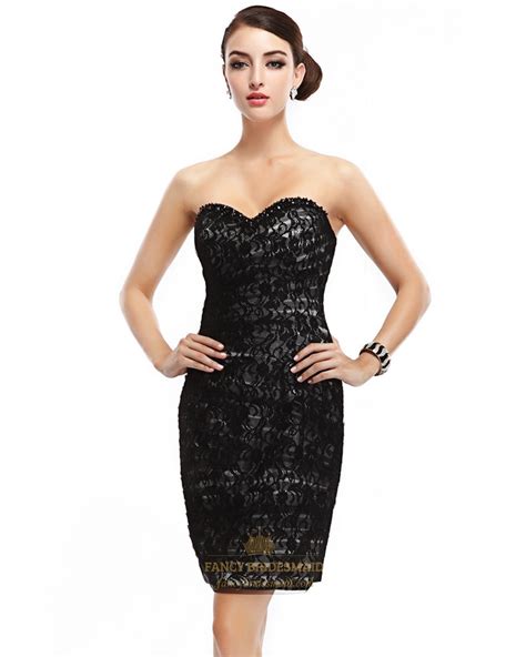 Black Strapless Lace Short Sheath Cocktail Dress With Beaded Trim Fancy Bridesmaid Dresses