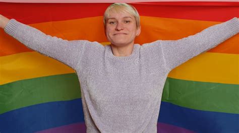 Woman With Short Hair With Rainbow Lgbt Flag Celebrate Parade Show