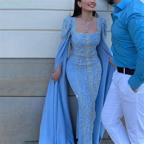 Serene Hill Blue Muslim Elegant Mermaid Cape Sleeves Evening Dresses