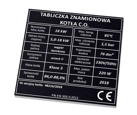 Tabliczka znamionowa na kocioł piec grzewczy CO TABLICZKA ZNAMIONOWA