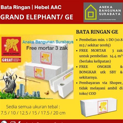 Jual Bata Ringan Grand Elephant GE PROMO FREE MORTAR Bata Ringan