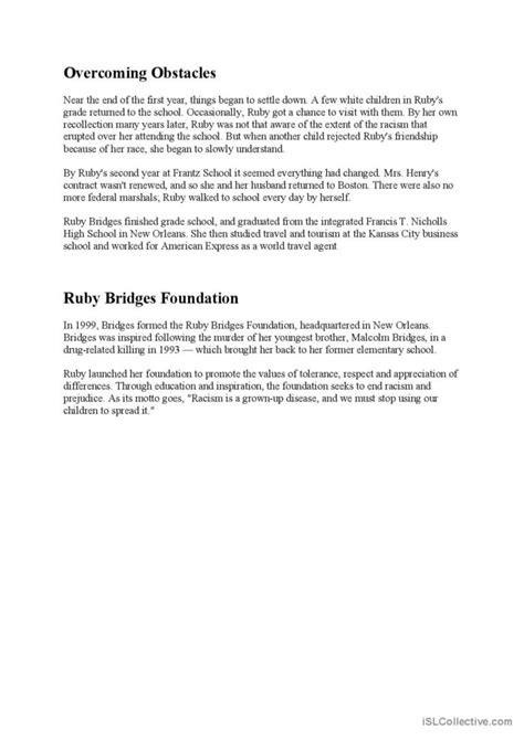 Civil Rights Ruby Bridges Reading… English Esl Worksheets Pdf And Doc