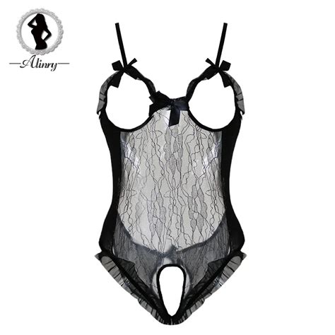 Alinry Sexy Lace Bodysuit Women Black Open Bra Crotch Intimate Lingerie