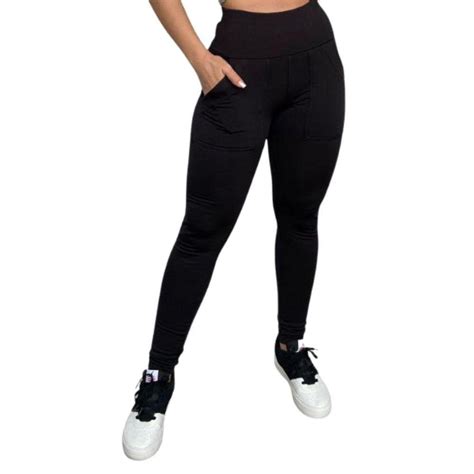 Calça Legging Flanelada Cintura Alta Com Bolsos Frontais Preto Netshoes