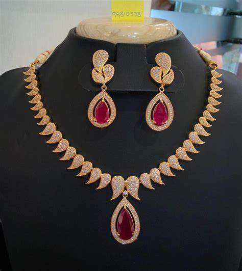 Gold Plated Designer Ruby Necklace Set South India Jewels