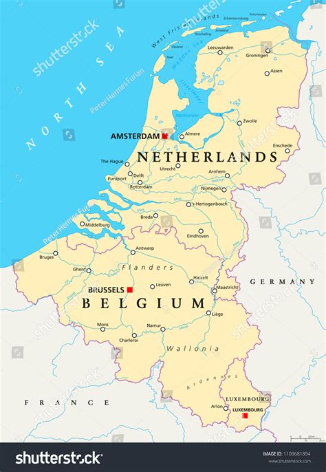 Benelux Belgium Netherlands Luxembourg Political Map Vetor Stock