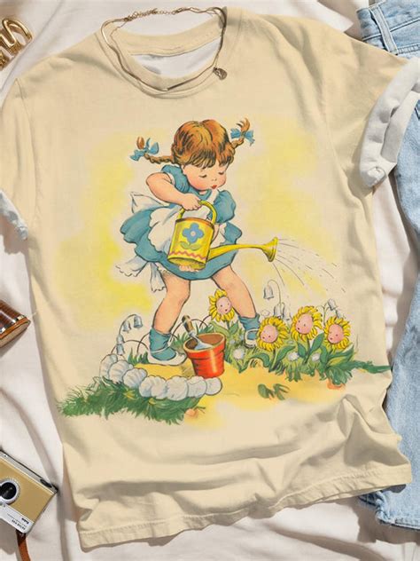 Vintage Watering Flower Girl Crew Neck T Shirt Wonder Closets