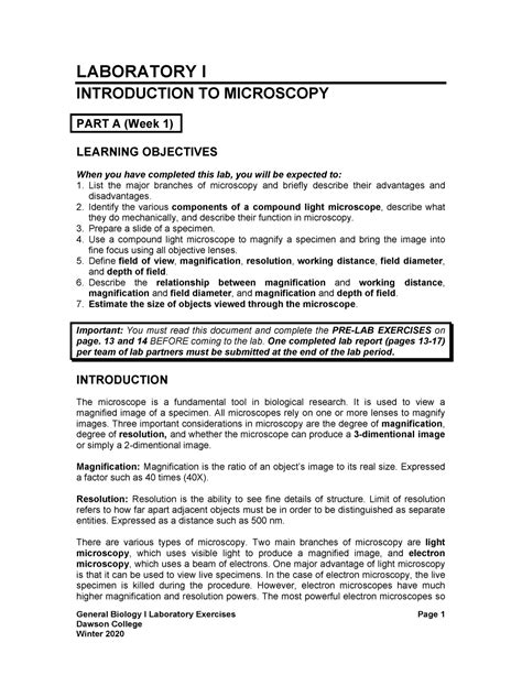 LAB 1 Microscopy Part A General Biology I Laboratory Exercises