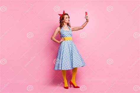 Full Body Photo Of Beautiful Funny Lady Model Hold Telephone Making