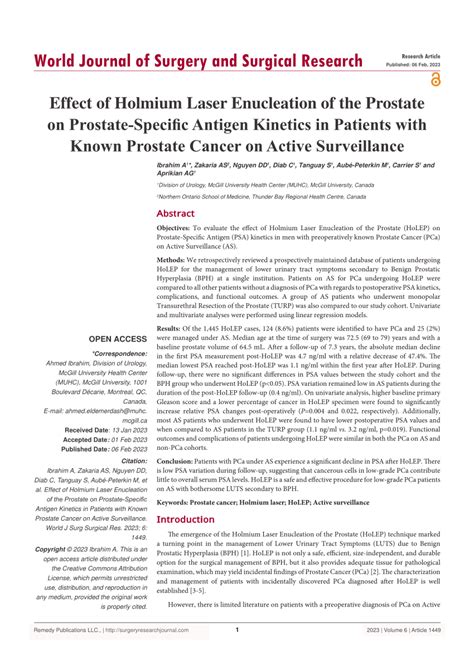 Pdf Effect Of Holmium Laser Enucleation Of The Prostate On Prostate Specific Antigen Kinetics