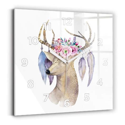 Decortapis Horloge murale en verre Horloge Carré 30cm Tête de cerf et