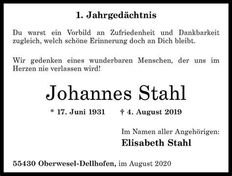 Traueranzeigen Von Johannes Stahl Rz Trauer De