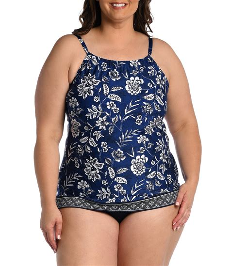 24th And Ocean Plus Size Bali Batik High Neck Tankini Swim Top And Solids