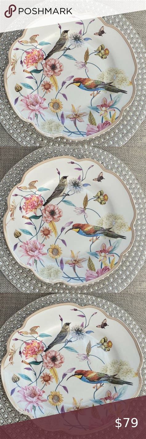 Grace Teaware Botanical Paradise Birds Floral Scalloped Dinner Plates