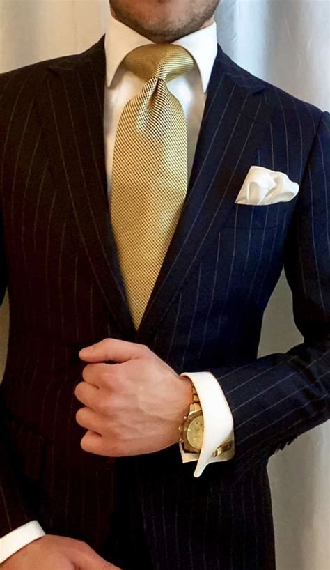 Gold Necktie Navy Pinstripe Suit Stylish Men Wear Suits Men