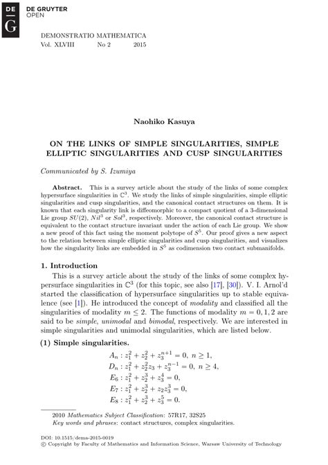 (PDF) On the Links of Simple Singularities, Simple Elliptic Singularities and Cusp Singularities