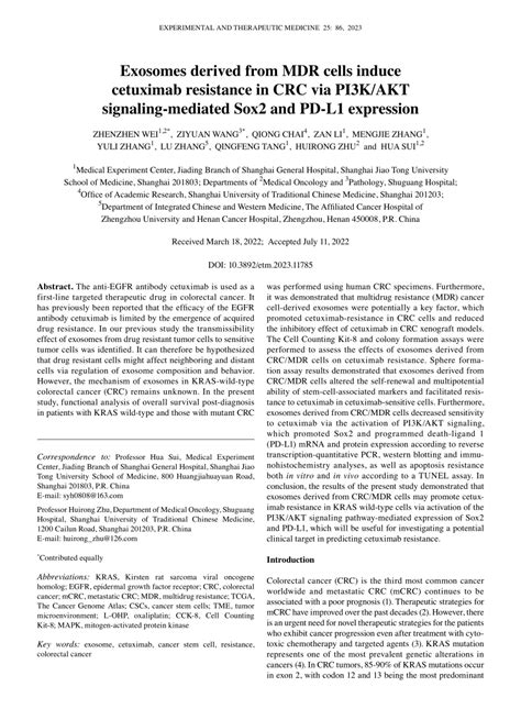 Pdf Exosomes Derived From Mdr Cells Induce Cetuximab Resistance In