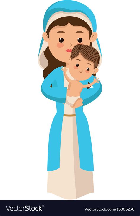 Cute Virgin Mary Holding Baby Jesus Cartoon Vector Image