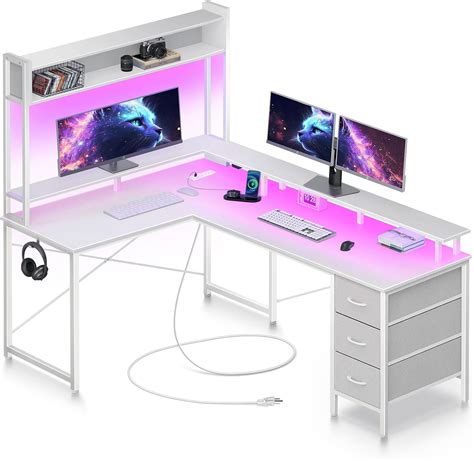 Seventable Computer Desk L Shaped With Led Lights Power Outlet