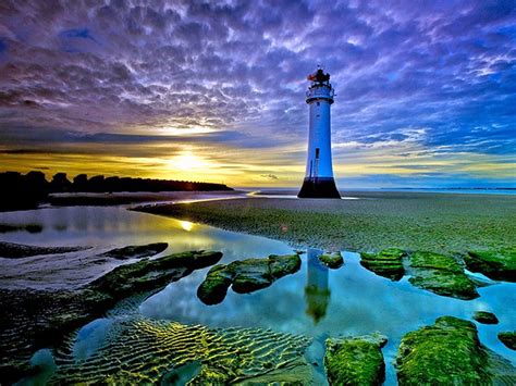 Lighthouse Sunset Lighthouse Moss Cloudy Sky Rocks Reflections