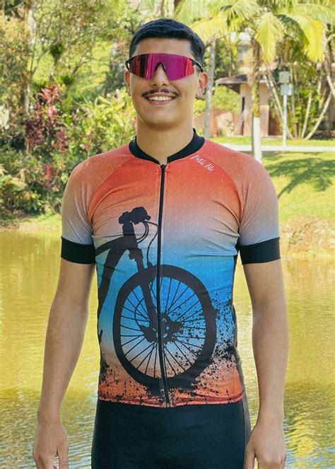 Camisa Ciclismo Masculina Manga Curta Bike Laranja E Azul Preta Zilli