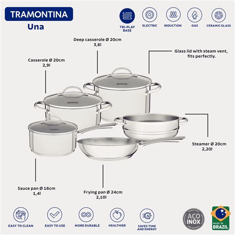 Tramontina Una Stainless Steel Cookware Set With Tri Ply Base And Glass