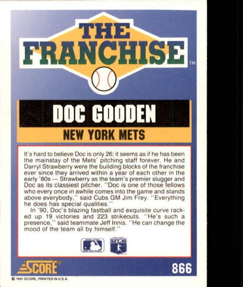 1991 Score New York Mets Baseball Card 866 Dwight Gooden FRAN EBay