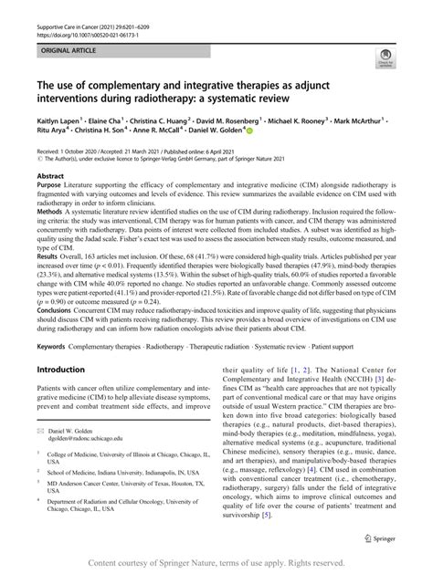 The Use Of Complementary And Integrative Therapies As Adjunct