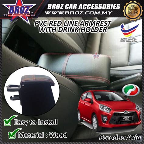 ☞broz Car Armrest Pvc Red Line With Drink Holder For Perodua Axia♤ Lazada