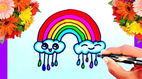 How To Draw A Rainbow And Clouds With Raindrops Easy Youtube