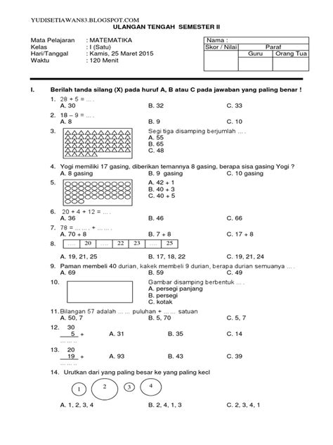 Soal Uts Ktsp Matematika Kelas 1 Sd Semester 2 Docx