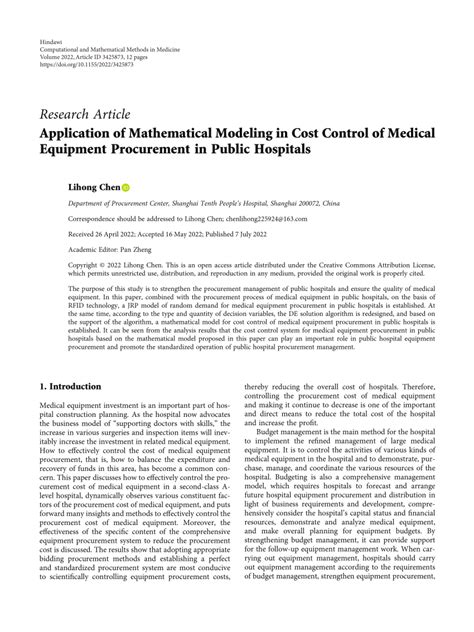 Pdf Application Of Mathematical Modeling In Cost Control Of Medical