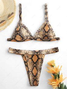 Zaful Ribbed Snake Print Thong Bikini Swimwear In Coffee Zaful