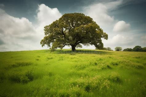 Oak Tree In Meadow Calming Landscape Of A Meadow With An Oak Tree In