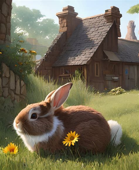 White And Brown Easter Bunny In The Garden With Flowers Stock Photo