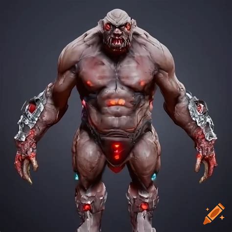 Sci Fi Black Stone Armored Cyborg Elf Ogre With Red Glowing Crystals On