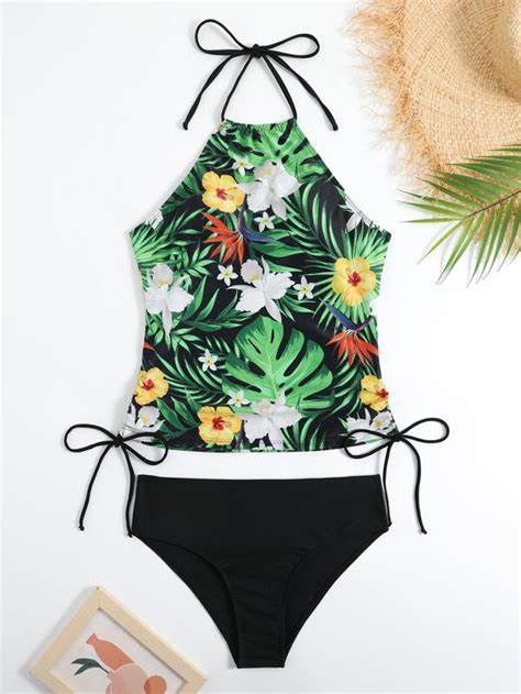 Tropical Print Drawstring Side Bikini Swimsuit SHEIN USA