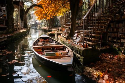 Boat With Books Gliding Through River Amid Vibrant Autumn Foliage And