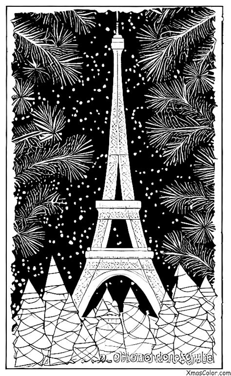 La Torre Eiffel En París Hoja Para Colorear De Árboles De Navidad En