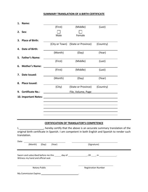 Birth Certificate Translation Summary Form