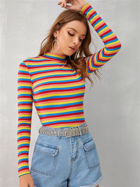 Shein Ezwear Mock Neck Rib Knit Striped Tee Shein Eur