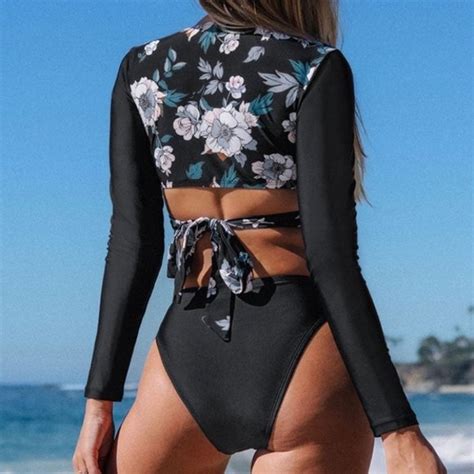 Cupshe Swim New Black White Floral Print Long Sleeve Bikini Bathing