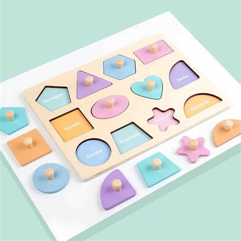 Puzzle Lemn Incastru Montessori Cu Maner 12 Forme Geometrice Pastel