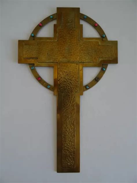 Grande Croix Crucifix En Bronze Dor Martel Et Pierres Art D Co Sign