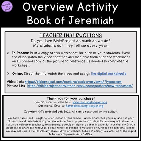 Summary of Book of Jeremiah Bible Overview Activity | Made By Teachers