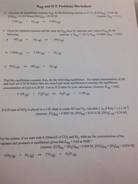 Equilibrium Constant Worksheet With Answers