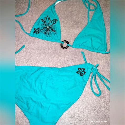 Vanity Swim Vanity Bikini Teal Floral Embroidery Size Small Top Medium Bottoms Set Doll