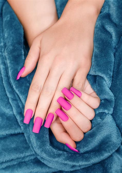 Female Hands With Pink Long Nail Design Mate Pink Nail Polish Manicure