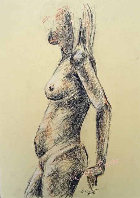 Female Nude Art Original Drawing Life Naked Lady Sepia Pencil Artwork